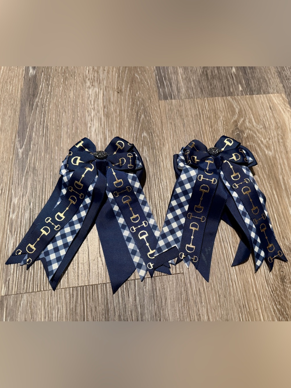Navy Gingham & Gold Equestrian Print Hair Bows for Kids